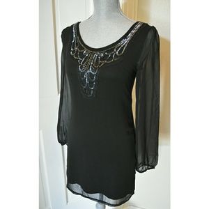 Black Bead-Embellished Long Sleeve Dress